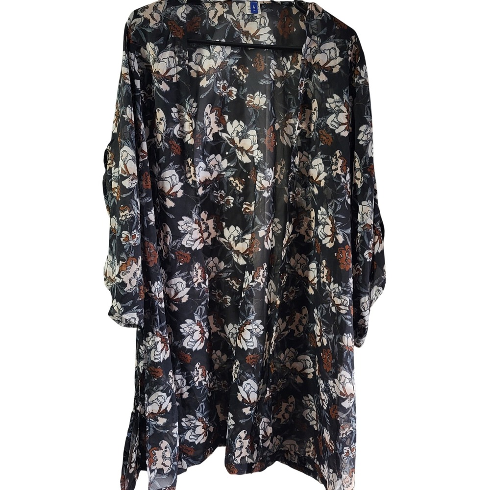 Black Floral‎ Print Sheer Kimono Duster Cardigan Women's